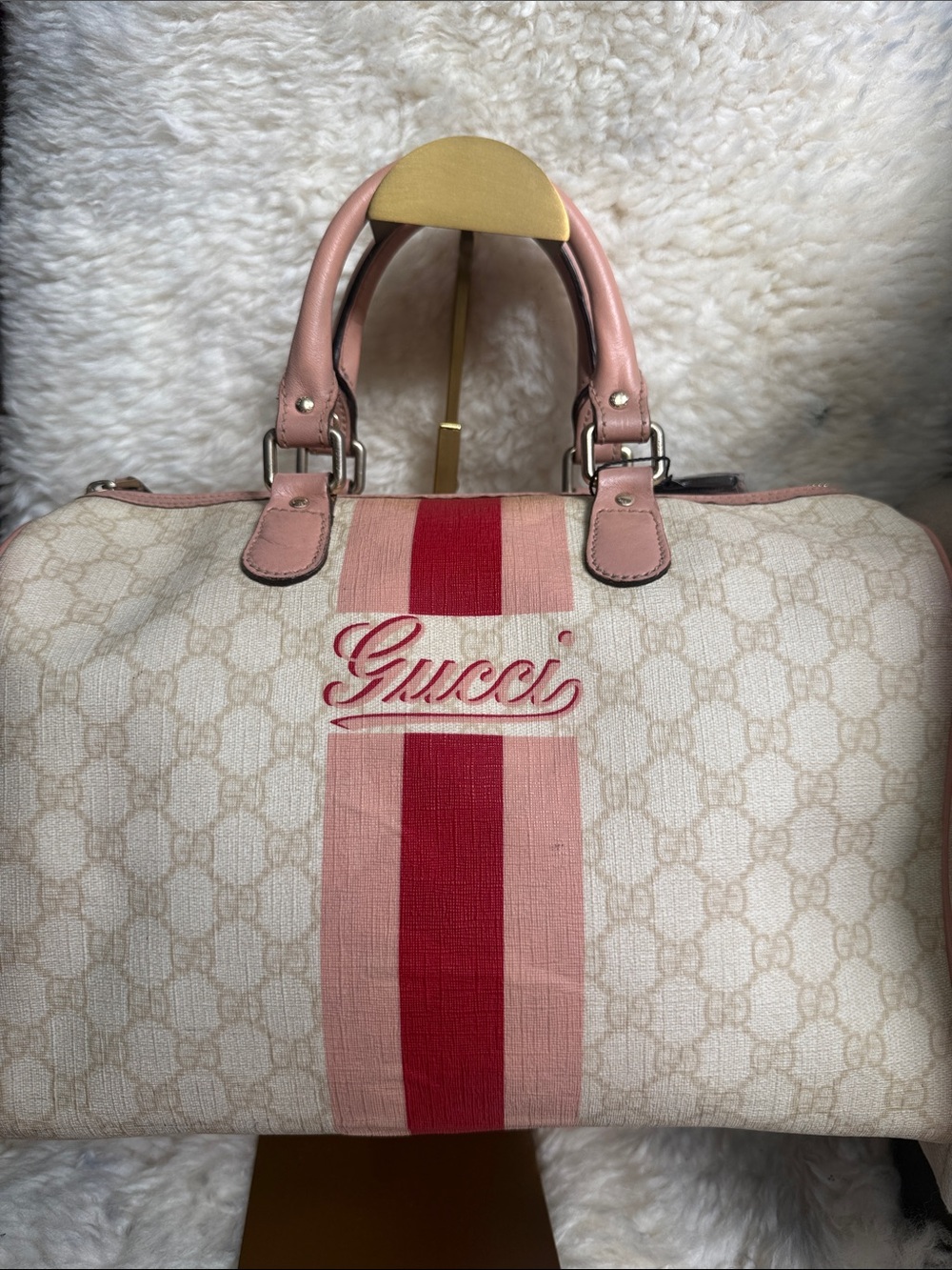 Gucci Cream Canvas Satchel with Pink and Red Stripe